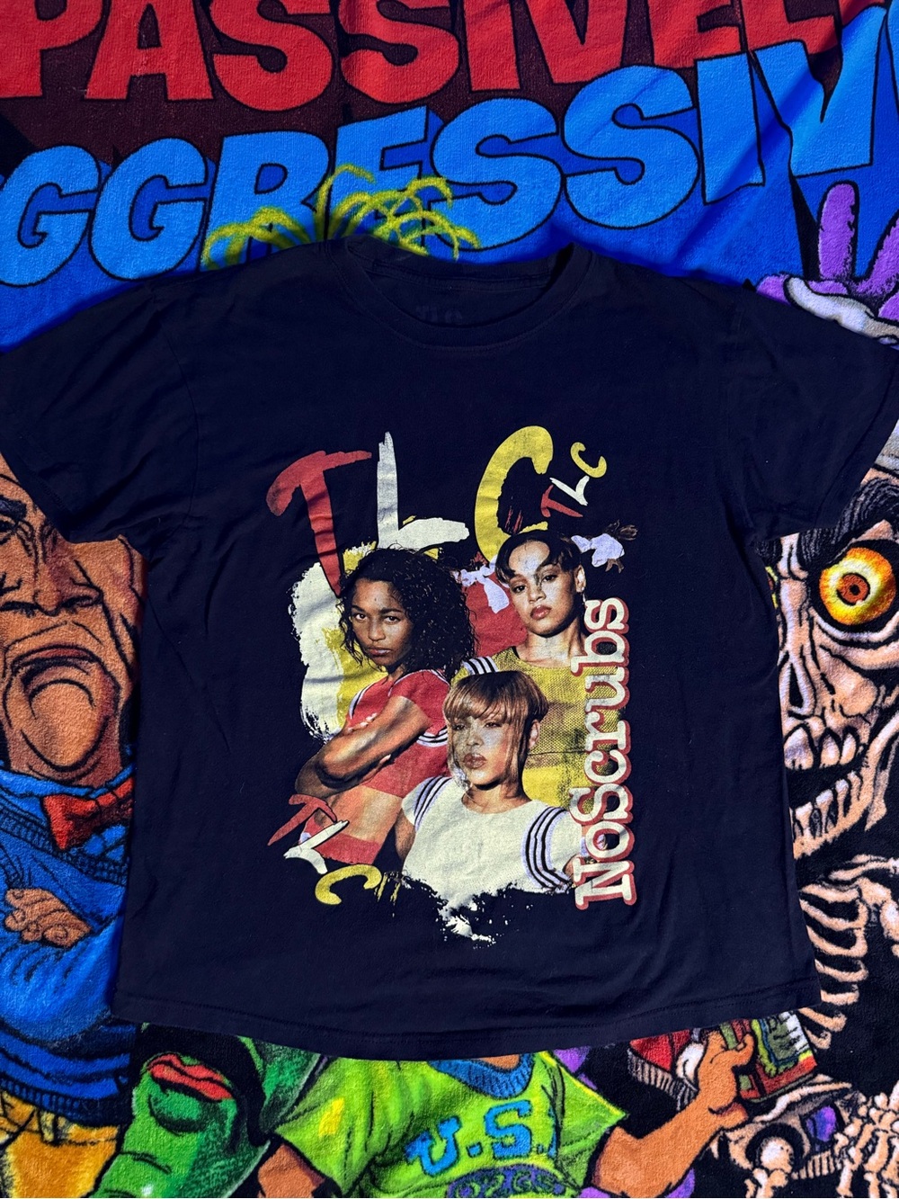 TLC Black Graphic Tee for Kids with Multicolor Band Art